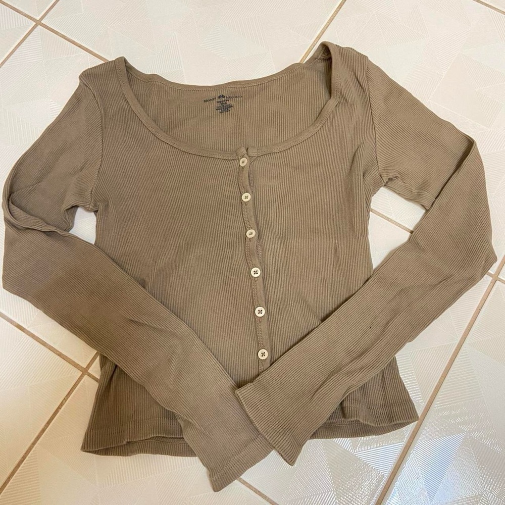 Brandy Melville Taupe Brown Beige Ribbed Button-Down Shirt Cardigan